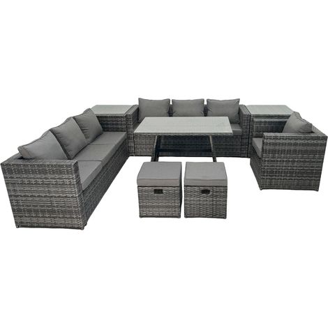 Fimous Rattan Dining Table Sofa Set with 2 Side Tables 2 Small Footstools Outdoor 9 Seat Garden Furniture Set Dark Grey Mixed (1/5)