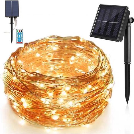 Guirlande lumineuse solaire d'extérieur blanc chaud, 10 m, 100 LED, 8 motifs décoratifs, étanche, idéale pour sapin de Noël, jardin, mariage ou fête. (1/5)