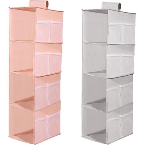 Lot de 2 étagères suspendues pour penderie, 4 Compartiments, avec 12 Poches latérales en Filet pour Armoire familiale, Chambre à Coucher, Pliables et Coupe Universelle (Gris et Rose) (1/4)