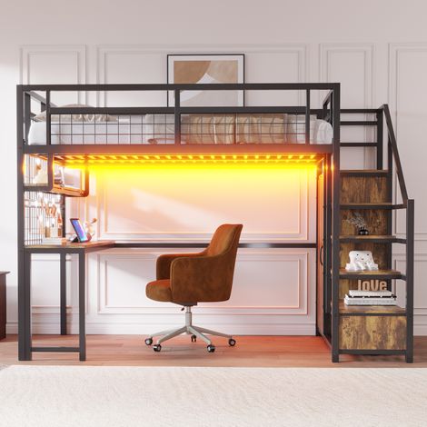 Lit mezzanine métal 140x200cm,échelle rangement,armoire,étagère,table et filet,prise bande lumineuse,couleur noire