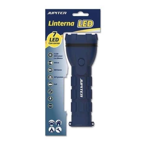 Jupiter linterna de luz blanca 7 led 100lm - cuerpo de goma - resistencia ip44 - funciona con 2 pilas d r20 (no incluidas) - color azul