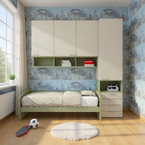 Cameretta a mezzo ponte con divano letto, armadio e cassettiera - Ecru e Salvia