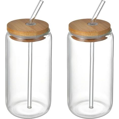 LYERCW  -Lot de 2 verres à boire avec couvercle en bambou et paille, tasse à café glacé pour café au lait, eau glacée et cocktails (500 ml)