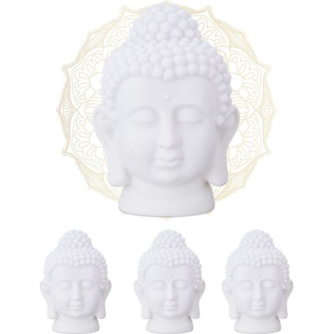4 x Buddha Head, Plastic, HWD: 17x12x10 cm, Zen Deco Figurine for Home or Yoga Studio, Feng Shui Decoration, White (1/5)