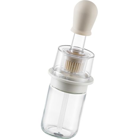 Bouteille distributrice d'huile 2 en 1 résistante à la chaleur, portable et économique, avec brosse en silicone souple pour crêpes et barbecue (blanc). (1/5)