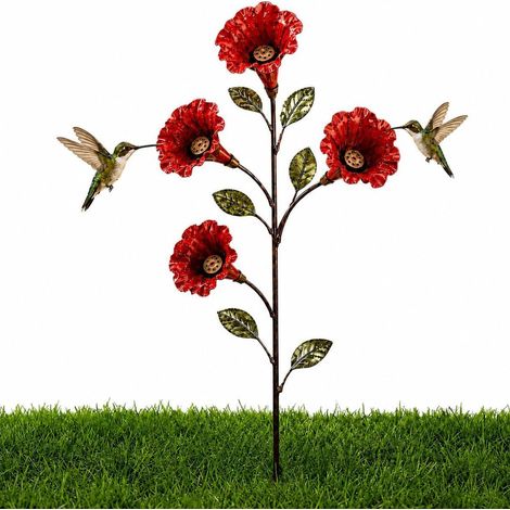 Neuer Retro-Futterspender für Kolibris mit vier Blüten, Gartenpfosten, Bodendekoration für Innenhöfe und Gärten - Rot -