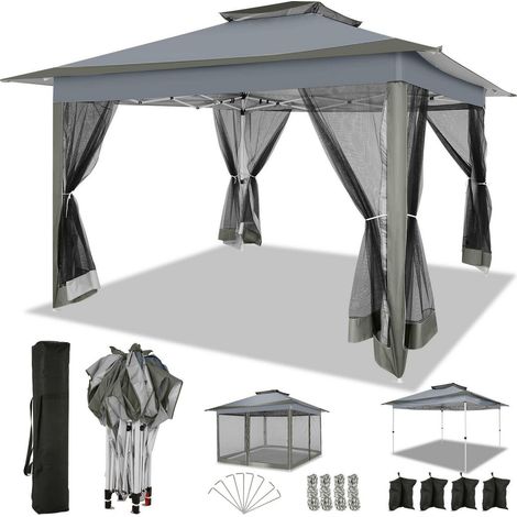 Tonnelle pliante 3,65x3,65m imperméable avec moustiquaire et sacs de sable, gris foncé (1/5)