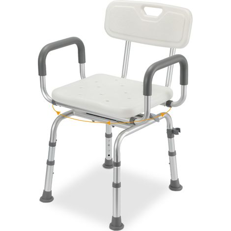 TolleTour Chaise de douche pivotante à 360°, réglable en hauteur sur 4 niveaux, avec dossier et accoudoirs, cadre en aluminium, pieds antidérapants, gris-blanc (1/5)