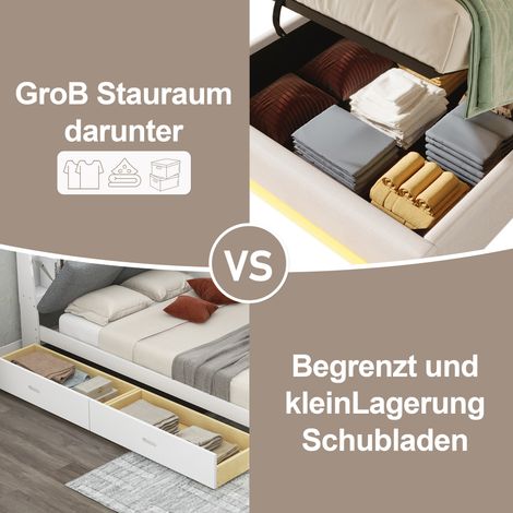 Lit 90x200 cm beige avec bande LED, ports USB-C et USB, rangement hydraulique, petites poches, sans tête de lit ni matelas (1/4)