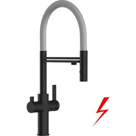 NIEDERDRUCK 3 Wege Wasserhahn Küchenarmatur Spültischmischer, Schwarz Matt mit 360° schwenkbarem Auslauf, abnehmbare 2 strahl Handbrause, Flex-Schlauch oben in Grau - VZFC Linie (1/5)