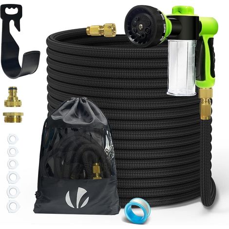 Tuyau d’Arrosage Extensible 30m Renforcé avec Récipient Savon Adaptable 1/2" et 3/4" 8 Modes de Pulvérisation Flexible et Anti-Fuite Raccord et Sac de Rangement Fournis Noir (1/5)