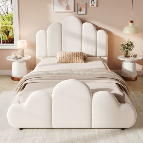Letto imbottito, letto singolo, letto per bambini 90 x 200 cm, letto con testiera imbottita, angoli arrotondati, velluto, beige (1/5)