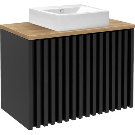 STAMAR  Meuble de Salle de Bain - 80x56x45 cm - Noir - Élégant - Avec Lavabo et Plan de Travail en Chêne