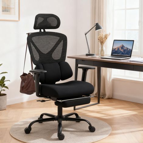 Chaise de bureau ergonomique à roulettes, revêtement en maille, soutien lombaire, chaise d'ordinateur avec accoudoirs et appui-tête réglable (1/5)