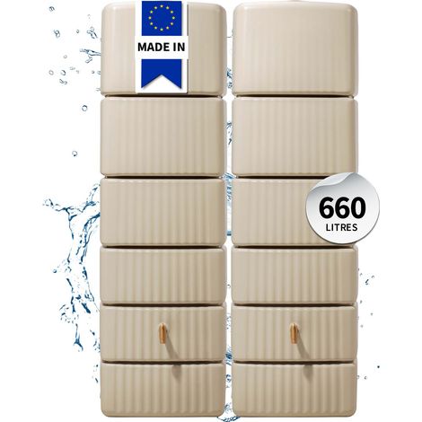 Réservoir mural 660 L – Lot de 2 réservoirs Slim 330 L – Couleur beige sable – Raccords filetés 19 mm pour prélèvement d'eau – 4Rain