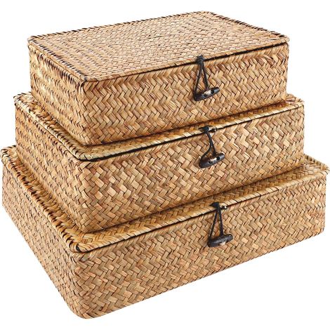 Lot de 3 Panier en Algues Naturelles avec Couvercle - Panier de Rangement Tressé en Rotin Rectangulaire - Corbeille de Rangement Empilable pour Salle de Bain, Salon et Cuisine - Design Rustique (1/5)