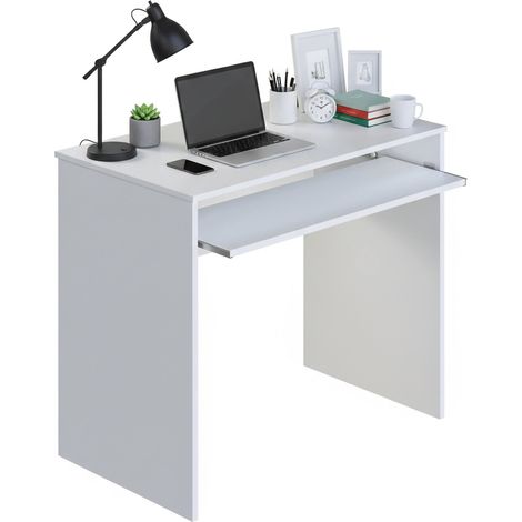 Dmora - Schreibtisch Dcapezz, Schreibtisch mit Regal, PC-Halter Arbeitstisch für Büro oder Schlafzimmer, Schreibtisch, 90x54h79 cm, Weiß
