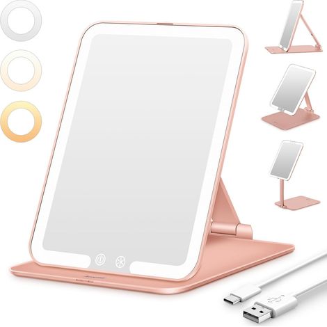 Miroir Maquillage Lumineux Rechargeable, Pliable et Portable, OrRose 3 modes d'éclairage, luminosité réglable, miroir de table ultra-fin pour maquillage, retouches et soins du visage (1/5)