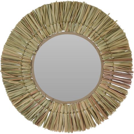 Wandspiegel rund mit Gras Rahmen - Ø 41 cm - Hängespiegel mit dekorativer Umrandung - Boho Wanddeko Flurspiegel Deko Spiegel für Bad Flur Wohnzimmer
