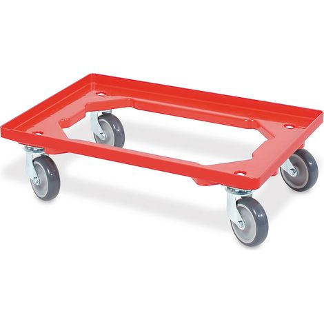 BRB Logistikroller/Transportroller Behälter 600x400 mm, rot, 4 Edelstahl-Lenkrollen, graue Gummiräder, Tragkraft 250 kg