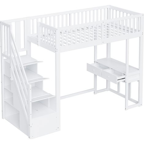Cama alta 90 x 200 cm blanca con mesa multifunción y escalera de almacenaje de pino (1/5)