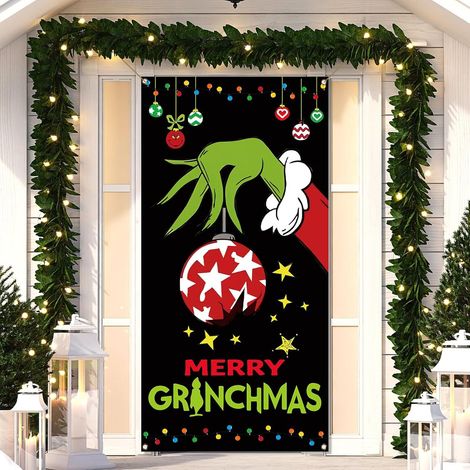 Bannière de porte Monstre de Noël, Décoration de porte d'entrée, Décoration extérieure pour les fêtes, Drapeau Joyeux Monstre de Noël - 90 x 180 cm (Perforation + Ruban) - Style 2