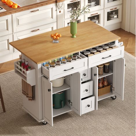 Multifunktionaler Küchenwagen mit ausklappbarer Arbeitsplatte, 120×65 cm erweiterbar, mit 5 Schubladen, Schränken, Gewürz- & Handtuchhalter, auf Rollen – Kücheninsel für Küche, Esszimmer & Wohnzimmer (1/5)