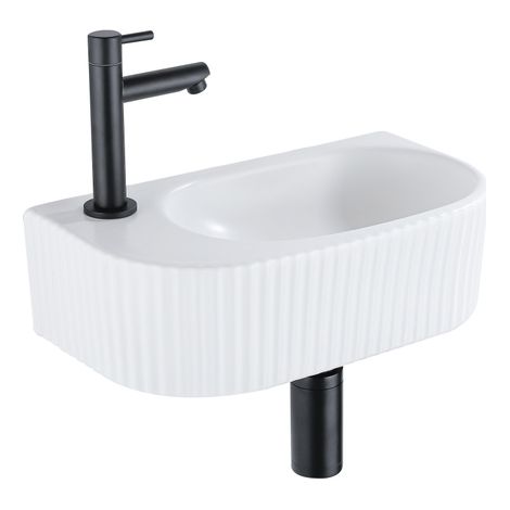 QeramiQ Fuente Ensemble lave-mains - 40x21.5x12cm - gauche - rainuré - demi-rond - 1 trou de robinet - céramique - robinet de lave-mains noir mat - (1/5)