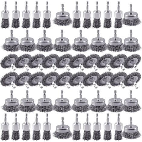 Brosse métallique à roue - 3 types avec manches hexagonaux de 6,35 mm (1/4 pouce) pour le décapage de la rouille, lot de 30 pièces (1/4)