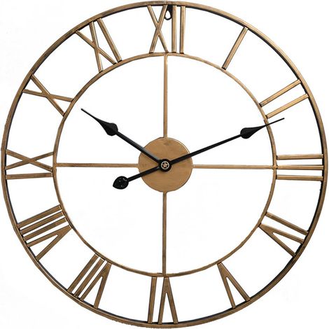 Horloge murale à chiffres romains silencieuse alimentée par batterie ronde en adaptée la maison et loft salon Métal