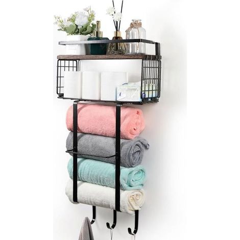 Porte serviette salle de bain, avec étagère et 3 crochets, rangement des serviettes de salle de bain Décoration