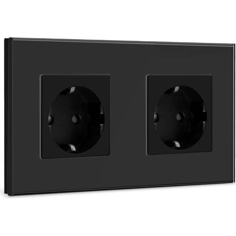 Prise de courant avec deux prises et insert en verre, avec panneau en verre cristallin, 16 A, norme UE, noir - 157 mm (1/5)