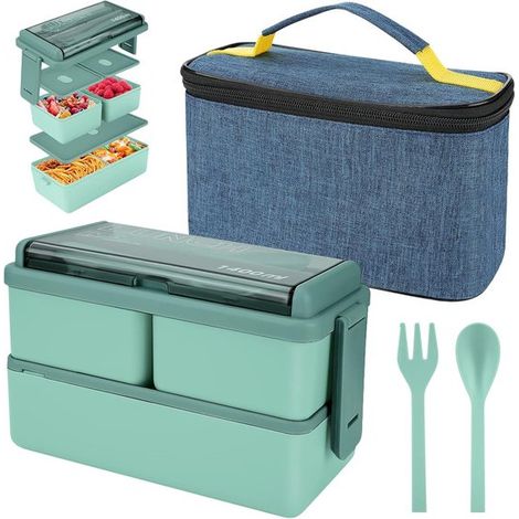 1400 ml Lunchbox mit 3 Fächern zweistöckige Bento-Box mit Isoliertasche und Besteck Mahlzeitenzubereitungsbox für Erwachsene Studenten und Kinder grün (1/5)