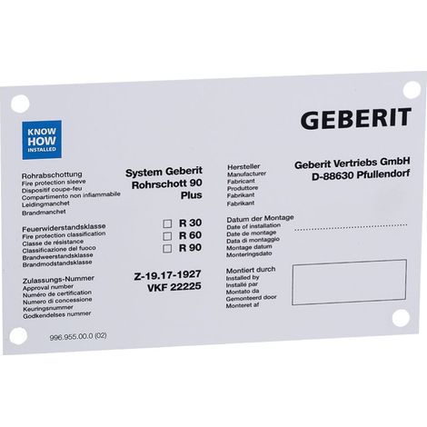 Geberit Hinweisschild für Rohrschott 90 Plus, 241896001 (1/3)
