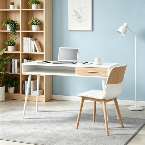 Bureau avec tiroir 110x50 cm blanc métal bois OKMYHOME (1/5)