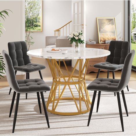 Conjunto de comedor de 5 piezas, mesa redonda 100x100x76 cm, tablero con efecto mármol, MDF, terciopelo gris y dorado (1/5)