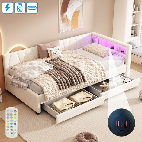 Letto singolo 90x200 cm, 2 posti, con LED, 2 cassetti di stoccaggio, porta USB, rete a doghe in legno, telaio in metallo, letto giorno imbottito in lino - Beige