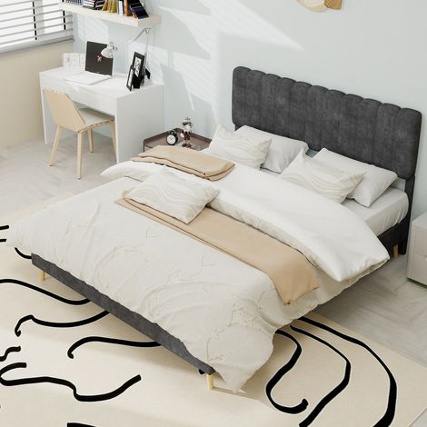 Cama matrimoniales 140x200 cm tapizado suave Diseño moderno tela y metal gris (Sin colchón) (1/5)
