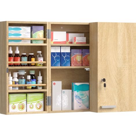 Armoire à pharmacie murale. armoire à médicaments avec double porte verrouillable et 2 clés. 53x20x53cm. chêne. pour salle de bain. design naturel (1/5)