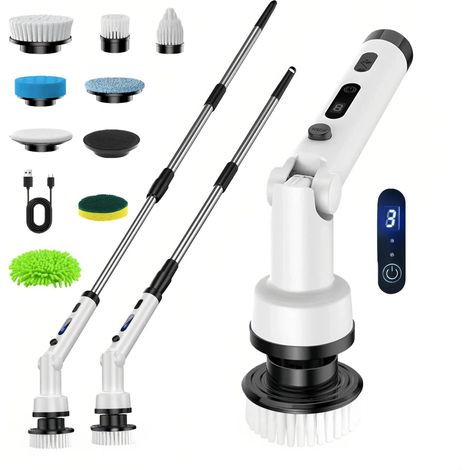 Brosse Nettoyage Electrique Rotative -Brosse de Nettoyage Electrique avec 8 Têtes, 3 Vitesses Manche Extensible Rechargeable Brosse Nettoyage pour Salle de Bain, Cuisine et Voiture (1/5)