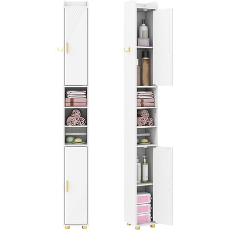 Piedistallo alto per bagno, Mobiletto stretto con 2 ante e ripiani regolabili, Gancio laterale, Scomparti, Moderno, Bianco (1/5)