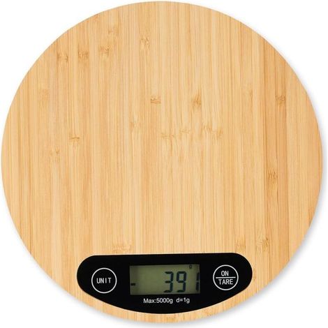Balance Cuisine Bambou numérique, écran LCD, Fonction Tare, supporte Jusqu’à 5 kg, Ronde, Ø 20 cm, Nature (1/5)