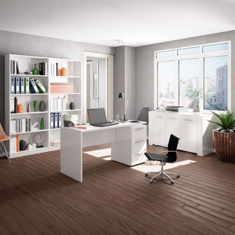 Conjunto muebles despacho blanco mobiliario moderno (Mesa Escritorio + Aparador + 2 Estanterías)