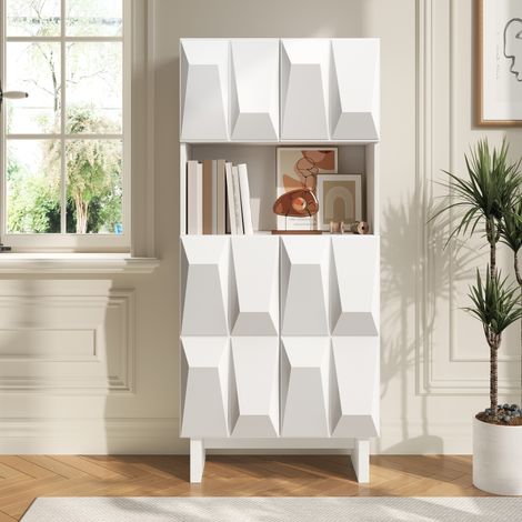 Vetrina armadio alto 60.5x34x135.5 cm mobile libreria da soggiorno con 4 ante rilievo e ripiano regolabile moderno - bianco (1/5)