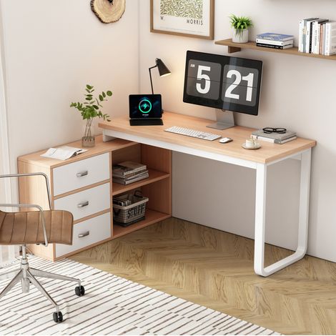 MEUBLIV bureau 147 x 100 x 75,3 cm naturel – 3 tiroirs, 2 niches, rangement (1/5)