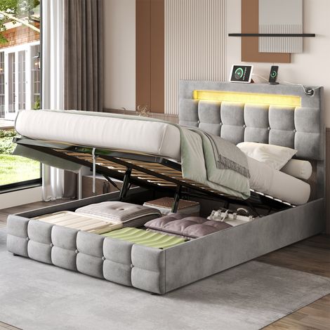 4FT6 Double Upholstered Bed Frame with Hydraulic Storage, Velvet Ottoman Bed with LED Lighting and Charging Station, Grey (1/5)