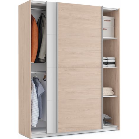 Pegane – Armoire de rangement effet bois blanc – 2 portes coulissantes – Hauteur 200 cm x Longueur 150 cm x Profondeur 62 cm – Panneaux mélamine haute densité
