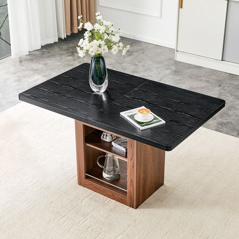Table extensible 130-160cm effet bois noir, piètement noyer, plateau 130cm, design fonctionnel, pour salle à manger ou cuisine, mécanisme d'extension fluide et gain de place (1/5)