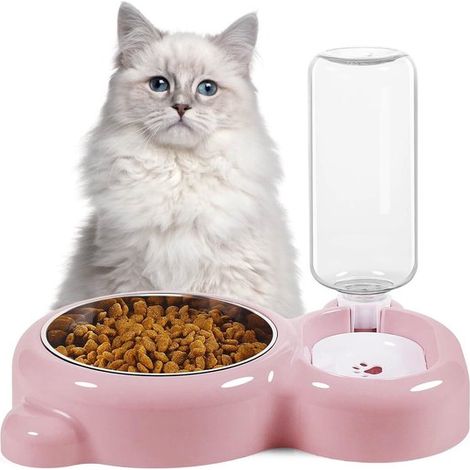 Ensemble gamelles pour chats et petits chiens avec distributeur d'eau et gamelles en acier inoxydable, rose (1/5)