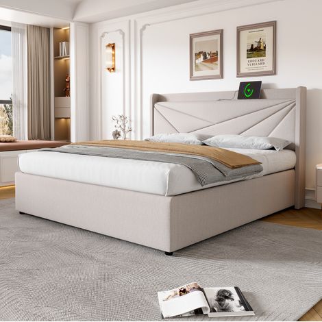 DESVIAE Lit double avec rangement tete de lit geometrique ports USB et USB C en tissu coton lin beige 140 x 200 cm avec sommier a lattes (1/5)